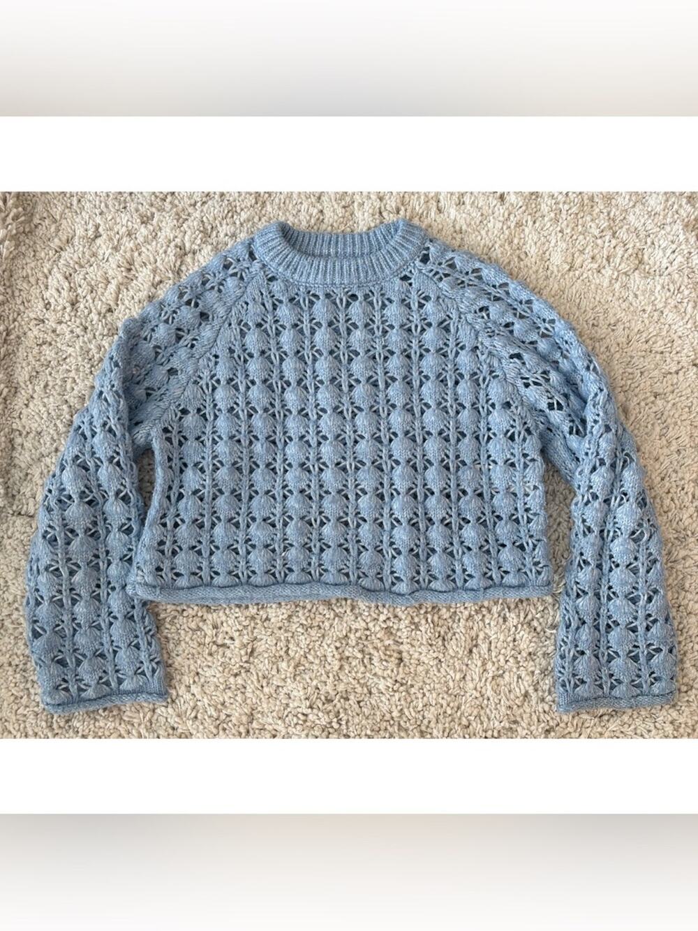 Zara Kids 8-9 Blue Open Knit Long Sleeve Cropped Sweater